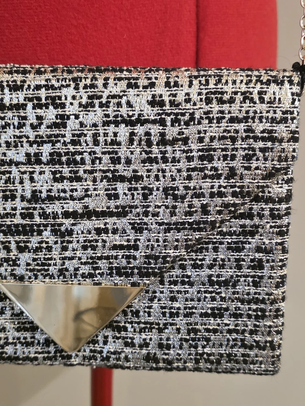 Chic Black & White Tweed Crossbody Bag with Gold Chain